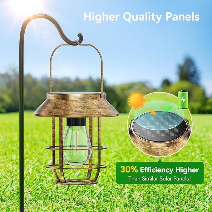 Ahaorigin Solar Lanterns Outdoor Waterproof, High Brightness Hanging Solar Lights for Outside with Wall Hooks, Retro Metal Outdoor Lanterns Auto On/Off for Porch, Patio, Yard Decor 2 Pack