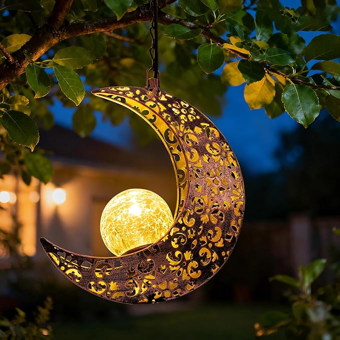 Hanging Solar Lights Outdoor Decor,Moon Garden Statues Decorative Waterproof Metal Figurines Lamp Outside Yard Decorations,Unique Ideas Birthday Gifts for Women Mom Mothers Day Fairy Accessories
