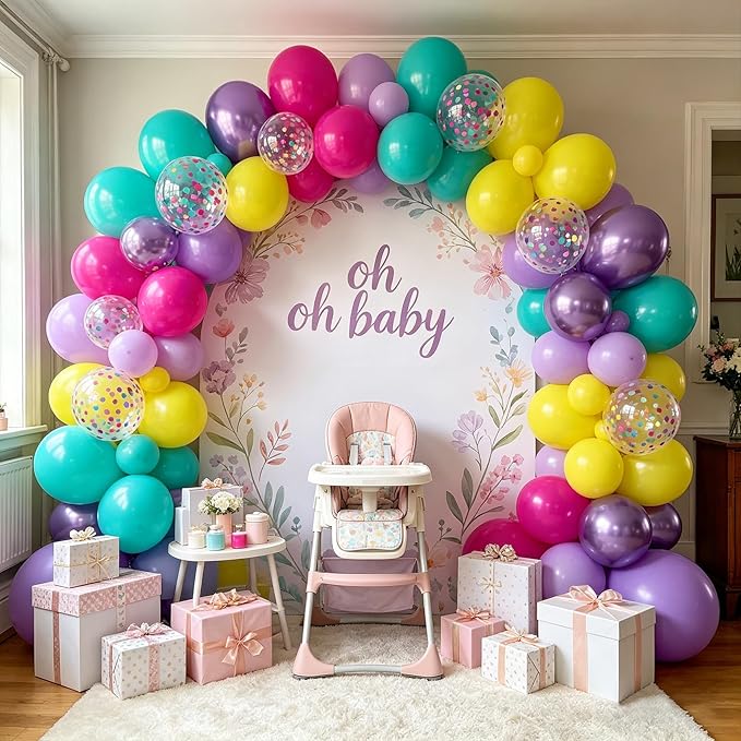 Pink Blue Purple Balloons 60 Pcs 12 Inches Hot Pink Metallic Purple Yellow Confetti Balloons for Kid's Theme Birthday Decoration Baby Shower Girls Party Supplies