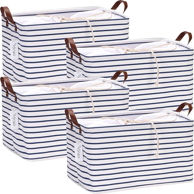 Hinwo 4-Pack Large Canvas Fabric Storage Baskets with Handles, 31L Rectangle Storage Bins, Collapsible Storage Box, Clothes, Toys, Blankets Organizers, 16.5 x 11.8 x 9.8 inches, (Navy Blue Stripe)