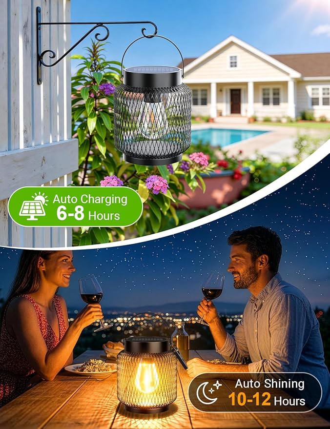 KOOPER Metal Solar Lanterns Outdoor Waterproof, 2 Pack Brighter Hanging Solar Lights for Outside, Up to 15 Hours Modern Hanging Solar Powered Lanterns Lights for Yard Patio Porch Garden Decorative