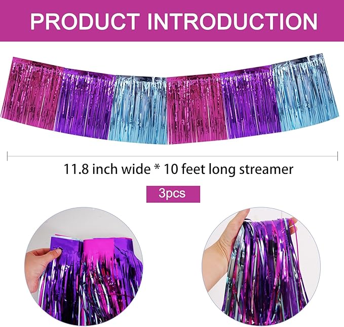 BEISHIDA 3 Packs Metallic Foil Fringe Garland Blue Purple Pink Wall Hanging Tinsel Fringe Banners for Car Floats Bridal Shower Wedding Birthday Easter Graduation Holiday Party Decoration(30 Feet)