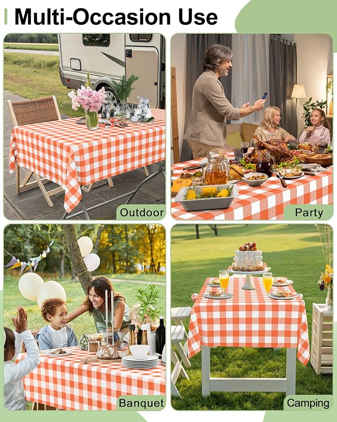 Smiry 12 Packs Gingham Disposable Table Cloth, 54 x 108 Inch Waterproof Plastic Tablecloth, Rectangle Orange and White Checkered Table Covers for Picnic, Birthday, Party
