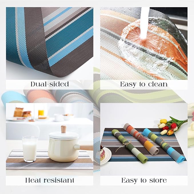 Set of 6 Colorful Striped Vinyl Placemats Heat-Resistant Washable Placemats Non-Slip Woven Table Mats Wipeable Placemat for Kitchen Dining Table Decoration Indoor Outdoor (Meadow Green)