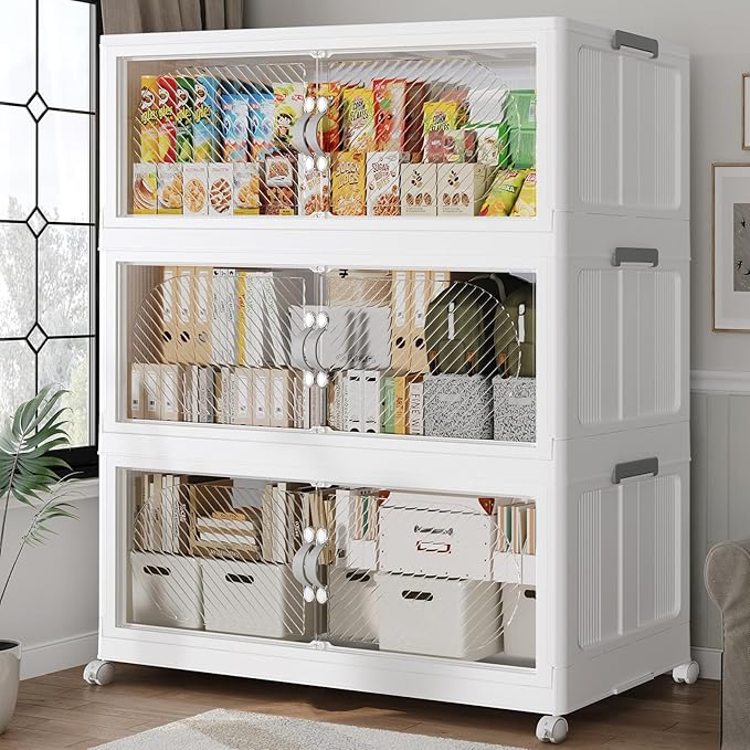 40Gal/120QT 3-Tiers Extra Large Stackable Storage Bins with Lid, Collapsible Cabinet Closet Organizer Plastic Container Box with Wheels Doors Drawers for Living Room Kitchen Office, White