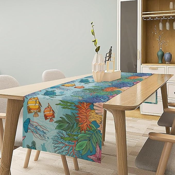 Coastal Table Runner, Ocean Nautical Coral Starfish Seashell Sea Turtle Table Runner for Dining Table Kitchen Party Picnic Home 13x36in