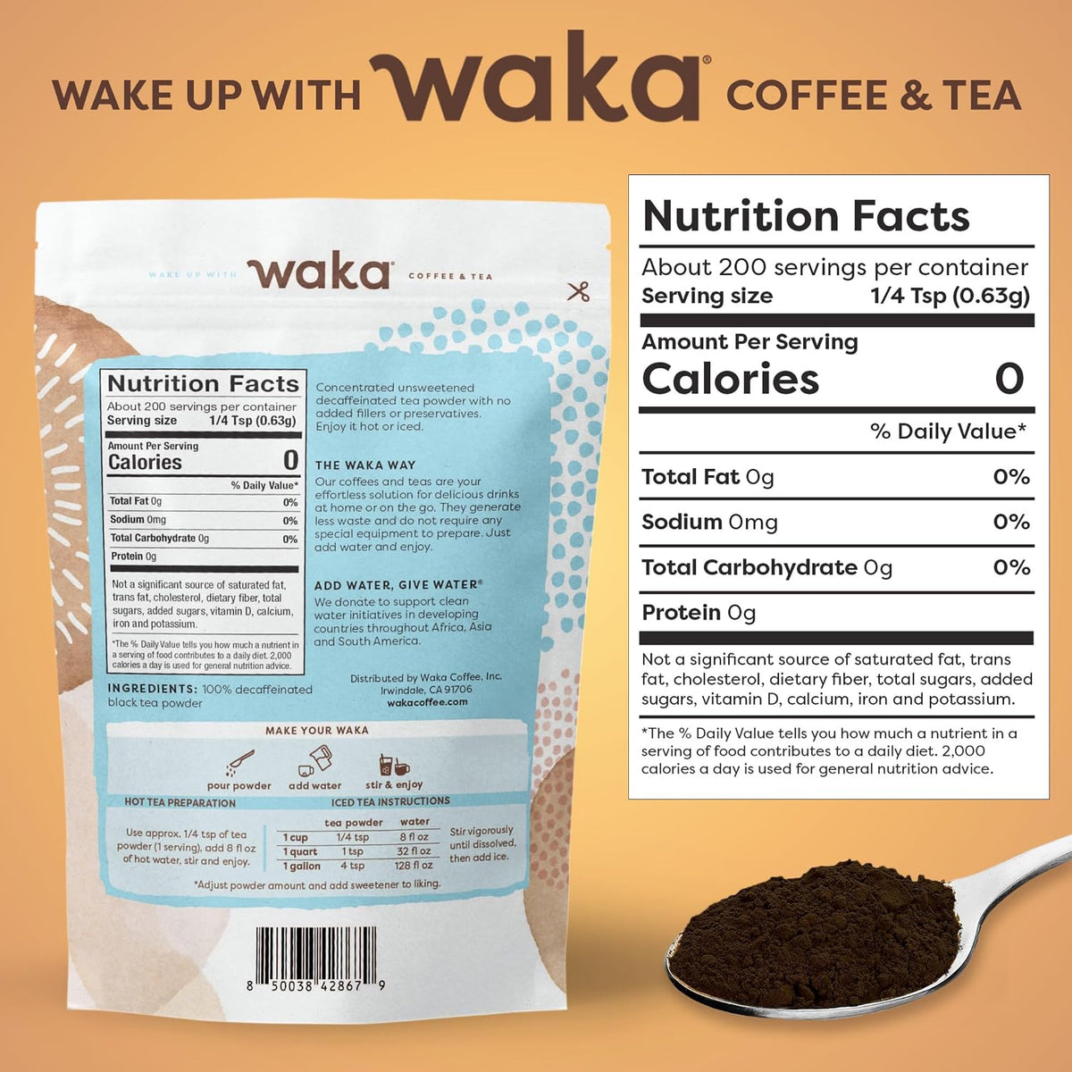 Waka Instant Black Tea Mix, Decaffeinated, Unsweetened, 4.5 oz