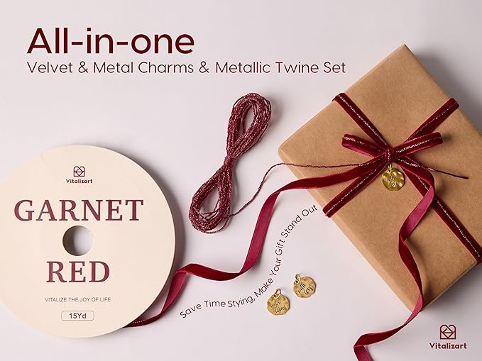 Vitalizart Red Velvet Ribbon Set 3/8" Continuous Burgundy Fabric Trim Thin Ribbon 15Yd for Gift Wrapping, Tree Ornaments, Vintage Christmas Paper, Crafts, Bows, Holiday Decor with Gift Twine