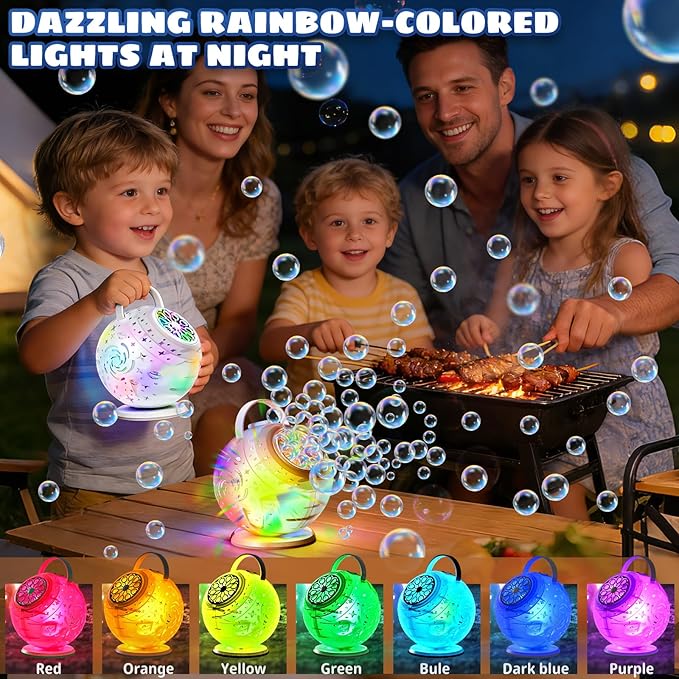 Rechargeable Bubble Machine - Auto 90°/360° Rotation, Remote Control and 7 Colors RGB LED Light, Bubbles Maker Toys for Kids, Bubbles for Wedding Parties, Easter Birthday and Xmas Gift for Boys Girls