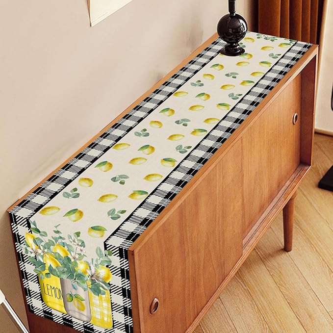 Lemon Table Runner, Farmhouse Black Buffalo Plaid Seasonal Summer Spring Fruits Lemon Coffee Table Center Decor for Home Kitchen Dining Party Patio Indoor Outdoor Table Decorations, 13"x108" Inch