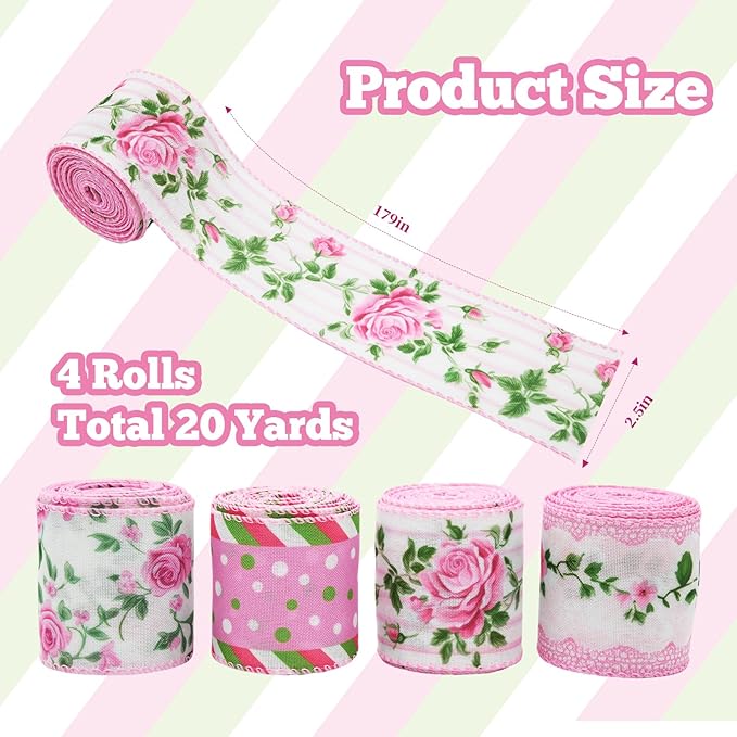 4 Rolls Pink Rose Floral Wired Edge Ribbon – 2.5 Inch, 5 Yards Each, Summer Grosgrain Set for Wedding Decor, Gift Wrapping, DIY Crafts