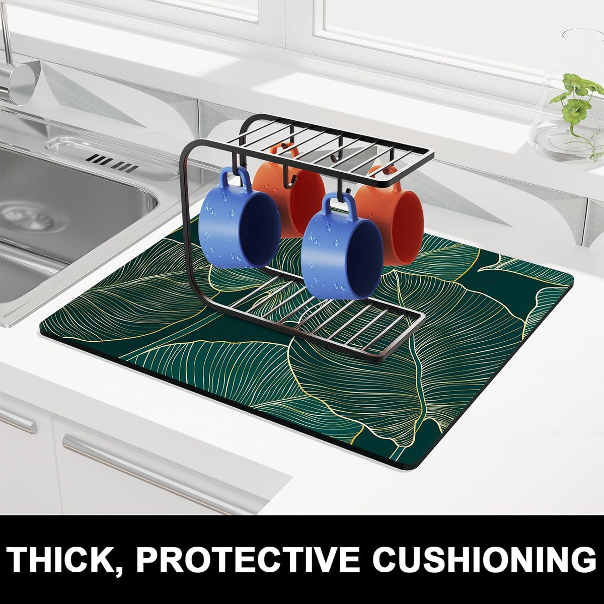 Rnivvi Dish Drying Mat for Kitchen Counter, 16 x 18" Boho Theme Absorbent Heat Resistant Drying Pad with Non-slip Rubber
