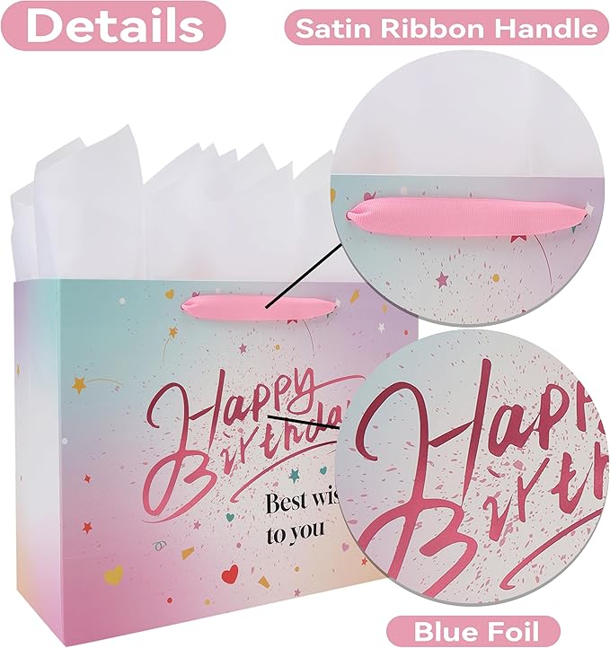 wishinside 13'' Large Pink Birthday Gift Bag Set with Handles, Greeting Card, Tissue Papers and Stickers for Women Girls Kids Teens, Gold Foil Happy Birthday Design, 1 Pcs