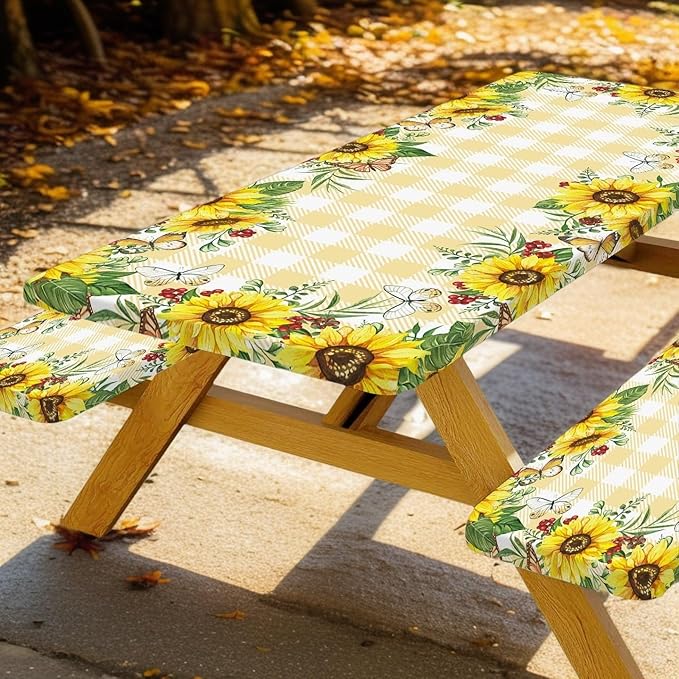 Sunflower Picnic Table Cover with Bench Covers, Yellow Buffalo Plaid Summer Floral Farmhouse Waterproof Tablecloth for Camping Indoor Outdoor Party Decorations, 30X72in
