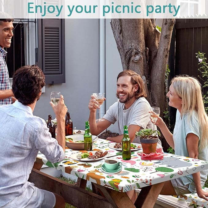 Picnic Table Cover with Bench Covers, Camping Essentials, Jungle Animal Cute Waterproof Windproof Camping Tablecloth, Fitted Tablecloth Cover with Elastic Edge for Indoor Outdoor 30x72 Inch