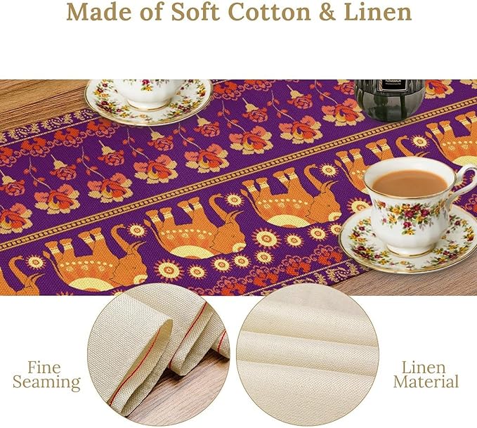 African Tribal Table Runner, Rustic Elephants Floral African Indian Diwali Art Print Purple Coffee Table Center Decor for Home Kitchen Holiday Party Farmhouse Outdoor Table Decorations, 13"x108"