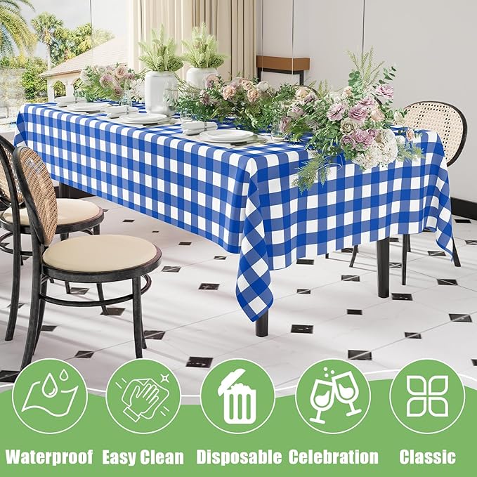Smiry 3 Pack Blue Gingham Disposable Tablecloths - 54" x 108" Heavy Duty Plastic Table Cloth, Waterproof Buffalo Plaid Table Covers for Picnic, Banquets, Outdoor Parties