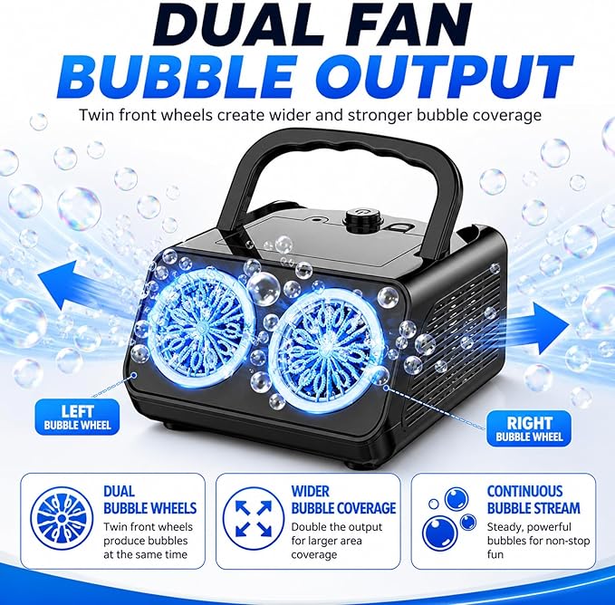 Bubble Machine with Dual Fans, 20,000+ Bubbles Per Minute, USB-C or AA Battery Powered,Leak-Proof Sealed Bottle,Portable Bubble Maker for Birthday Party Pool Wedding Outdoor