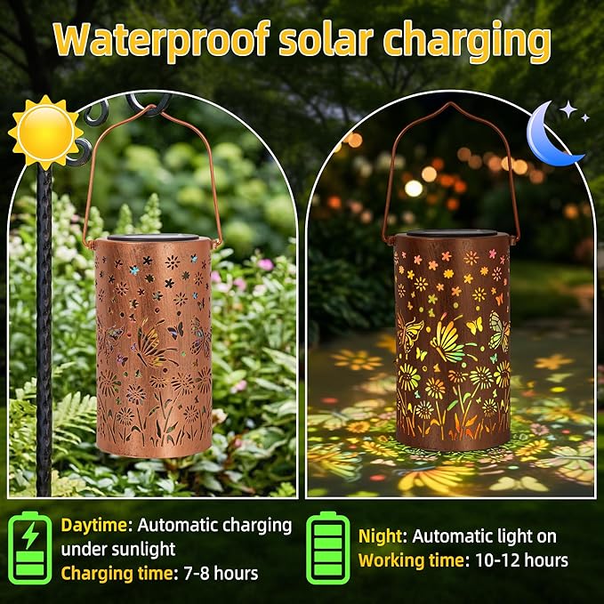 Solar Lantern Outdoor Waterproof, Gifts for Women Mom Grandma, Hanging Metal Light Colorful Butterfly Garden Decor for Yard Patio Lawn