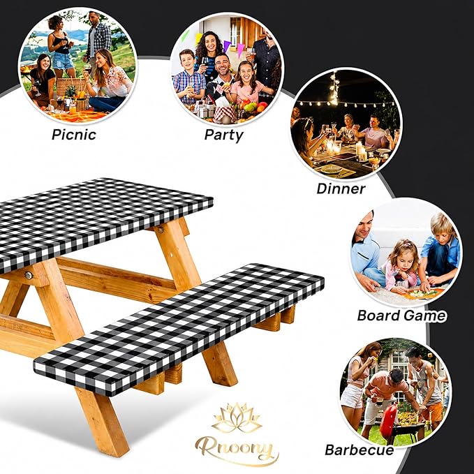 RNOONY Vinyl Fitted Picnic Table Cover with Bench Covers and Bag, 6ft Outdoor Waterproof Windproof Tablecloth with Elastic Edges. Camping RV Gear Campers Must Have 72x30 Inches 4 Pcs Set (Black)