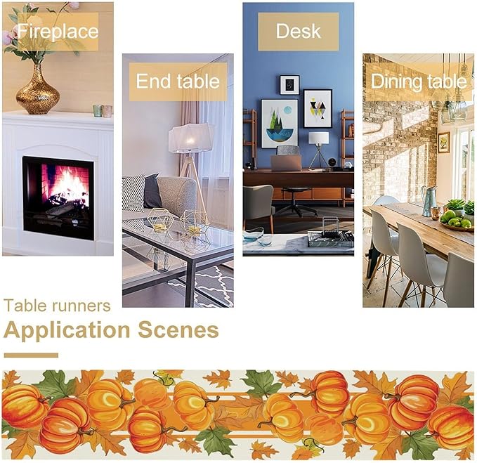 Fall Pumpkin Table Runner, Autumn Orange Maple Leaves Print Table Runner for Thanksgiving Harvest Holiday Indoor Outdoor Table Decoration, 13x90inch