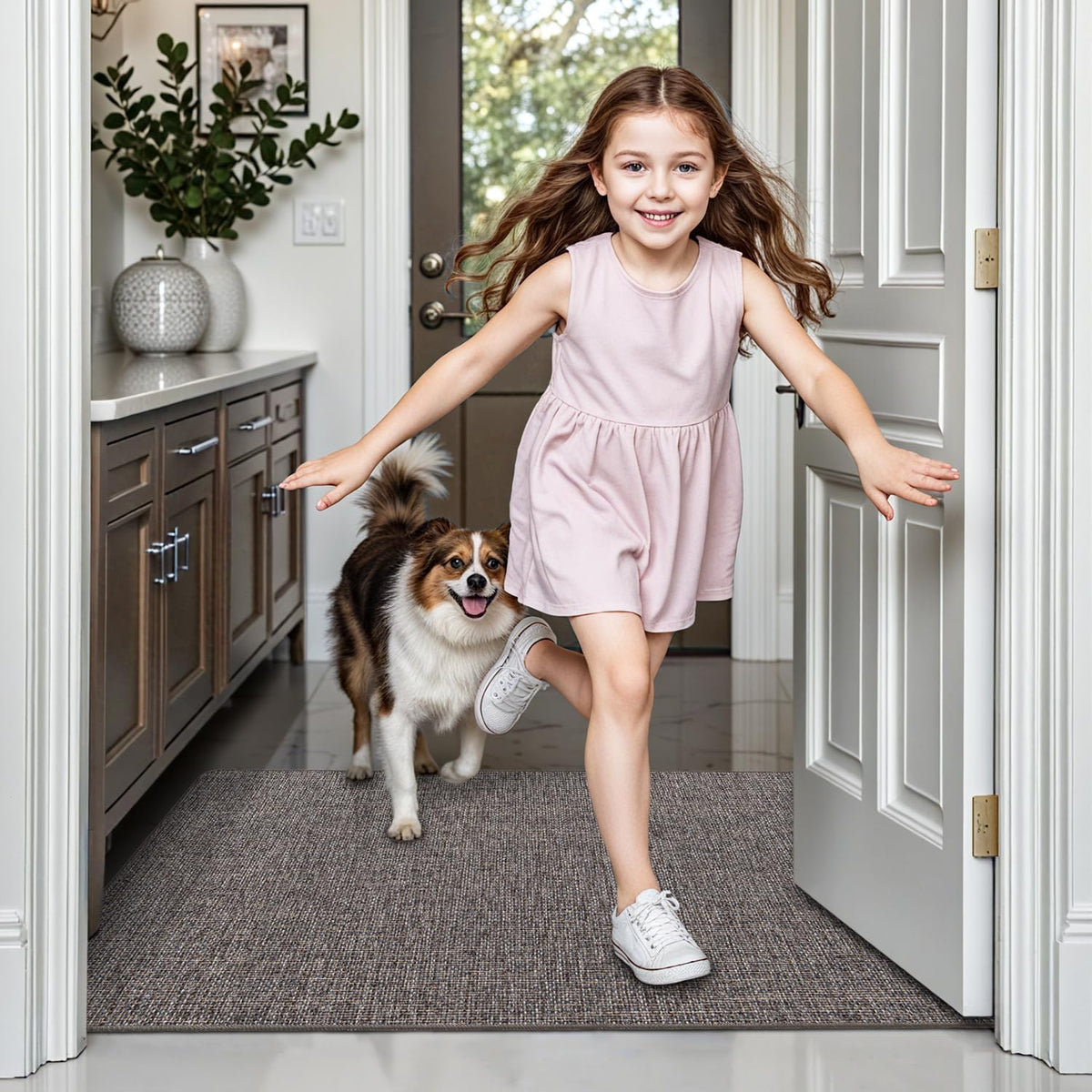 LUMI Ultra Thin Door Mat for Entryway,48"x72" Low Profile Non Slip Rubber Backing Indoor Doormat, Easy Clean Welcome Entrance Mat for Inside House, Patio, Brown