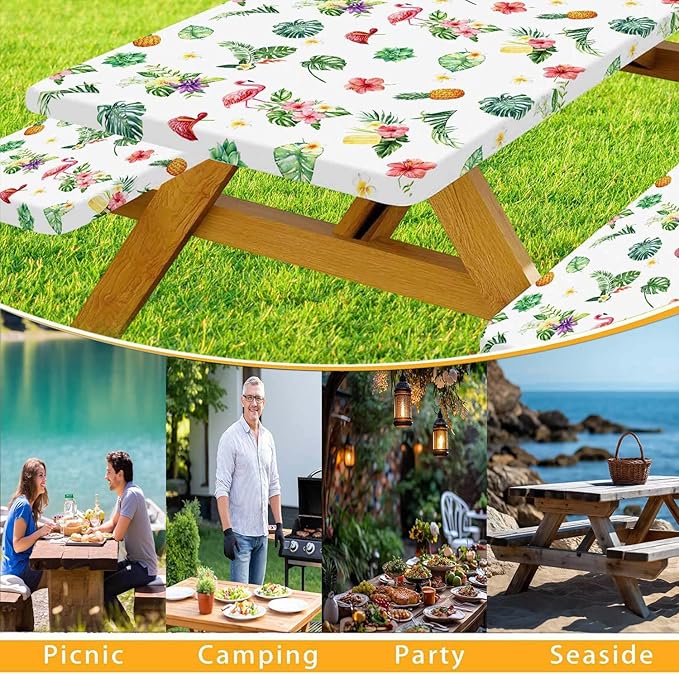 Picnic Table Cover with Bench Covers and Bag, Summer Outdoor Waterproof Windproof Tablecloth with Elastic Edges, Camping Accessories RV Gear Campers 60x30 Inches 3 Pcs Set, White