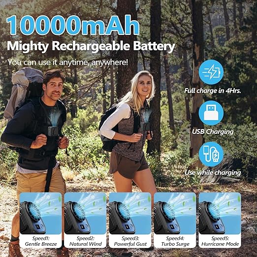 Portable Waist Fan Rechargeable 10000mAh, 5 Speeds 13000RPM Strong Airflow Personal Waist/Neck/Clip Fan, Works Up to 20H, USB Charging Small Mini Cooling Handheld Fans for Camping, Outdoor, Jobsite