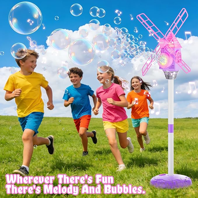 Windmill Bubble Machine for Kids, 51" Adjustable Height Standing Bubble Maker with Lights & Music, 10-Hole Battery Operated Bubble Blower with 130ml Tank, Outdoor Backyard Party Toys for Toddlers