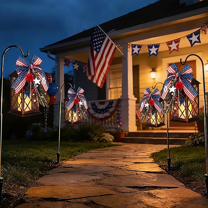 Patriotic Solar Lanterns Outdoor, Waterproof Garden Hanging Lanterns, 13" Patriotic Decorations Outdoor Lantern with Led Flameless Candles, 4th of July Lantern for Porch, Yard, Patio Decor