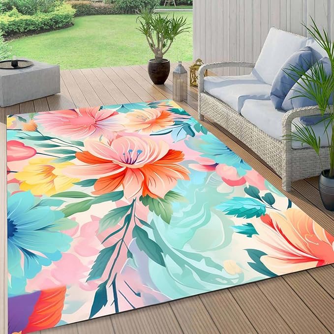 Washable Outdoor Rug with Floral Texture 3x8 Waterproof Non Slip Vibrant Area Rugs for Patio Deck Garden Balcony Large Flower Print Camping Porch Backyard Outside Carpet Aqua Pink