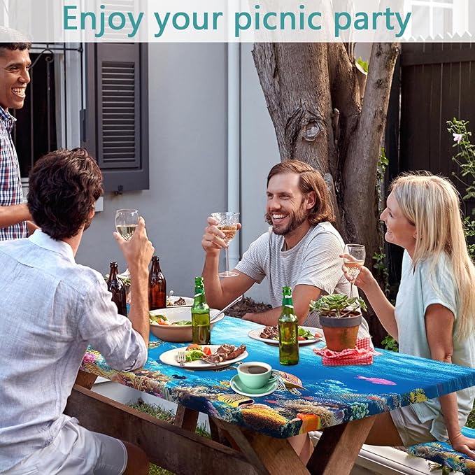 Ocean Animals Picnic Table Cover with Bench Covers, Camping Essentials, Underwater Sea Turtles Waterproof Windproof, Fitted Tablecloth Cover with Elastic Edge, for Garden & Outdoor, 3 PCS, 30x72 Inch