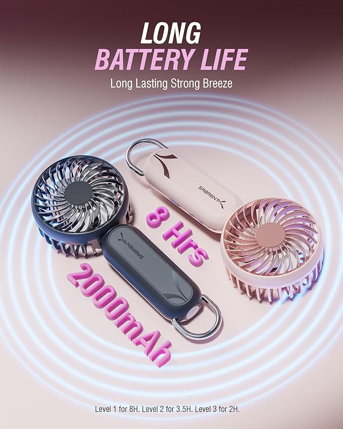 SABRENT ChillyPop Mini Portable Fan, Lightweight & Small Personal Fan, Long Quiet & Powerful Cooling Time, Makeup Kids Travel Fan, Rechargeable USB C Pocket-Sized Summer Gift for Women Girls Pink