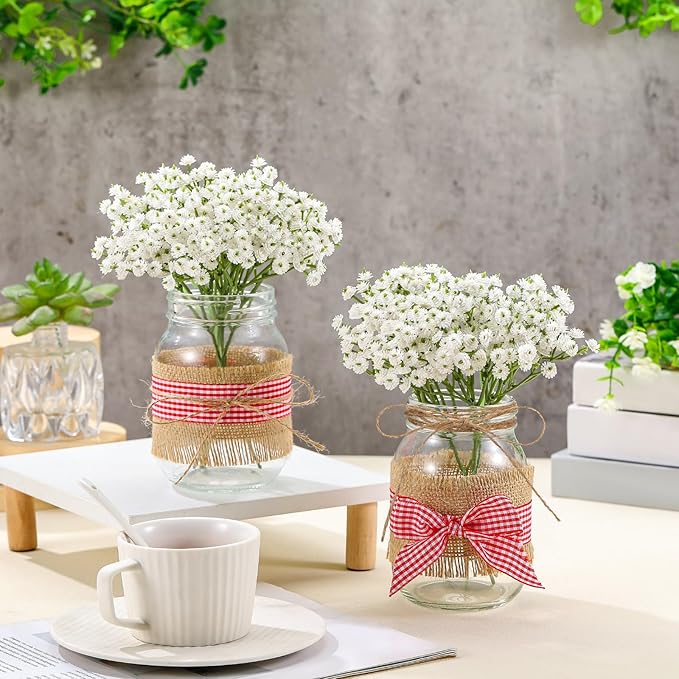Daifunli 6 Set Picnic Party Centerpieces for Table Mason Jar Table Decor with Artificial Flowers Red Gingham Ribbon for Picnic Birthday Party BBQ Baby Shower Wedding(6,Classic Baby's Breath)
