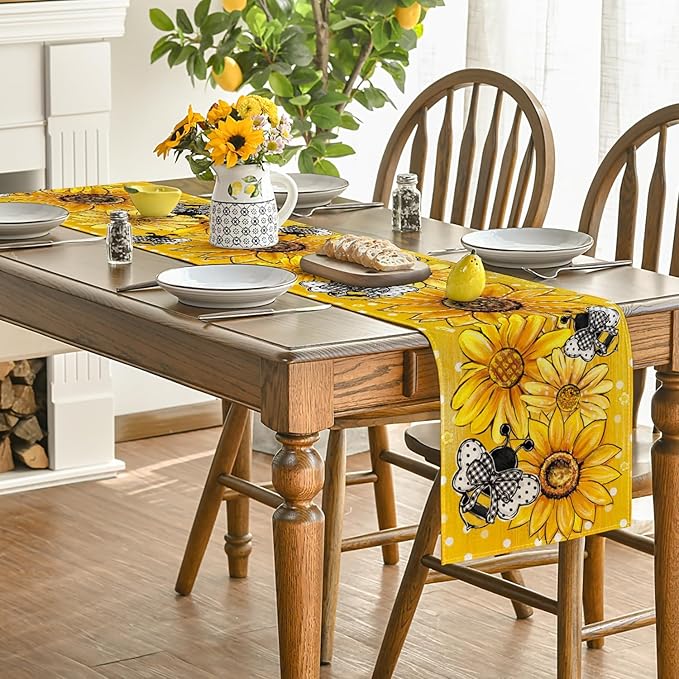 Artoid Mode Yellow Sunflower Bee Flower Polka Dot Summer Table Runner, Seasonal Kitchen Dining Table Decoration for Indoor Party Home 13x72 Inch