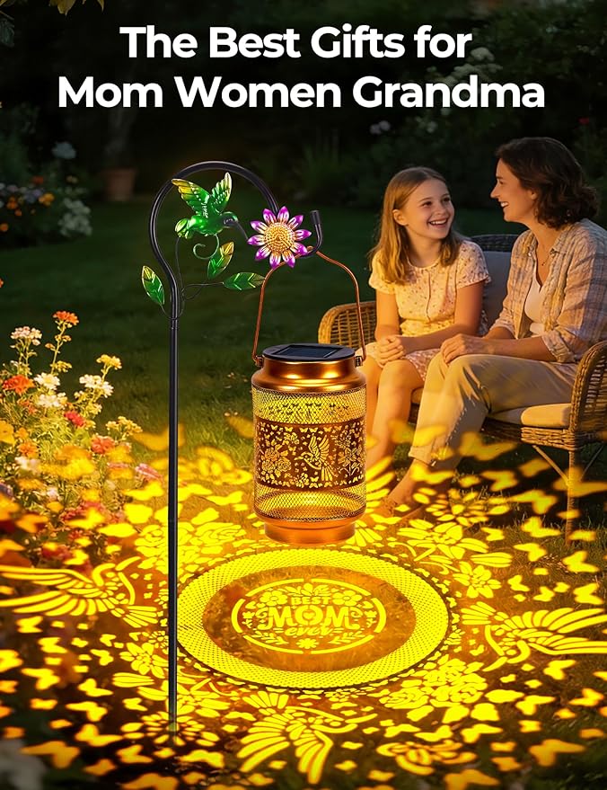 Mothers Day Gifts Hummingbird Solar Lantern Outdoor Waterproof with Shepherd Hook, Metal Hanging Hummingbird Garden Decor, Birthday Gifts for Women Mom Grandma Sister
