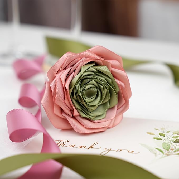 6 Rolls Sage Green and Dusty Rose Ribbon 1 Inch Green Pink Satin Ribbon Blush and Sage Ribbon for Wedding Baby Shower Backdrop Garland Gift Wrapping - 60Yards
