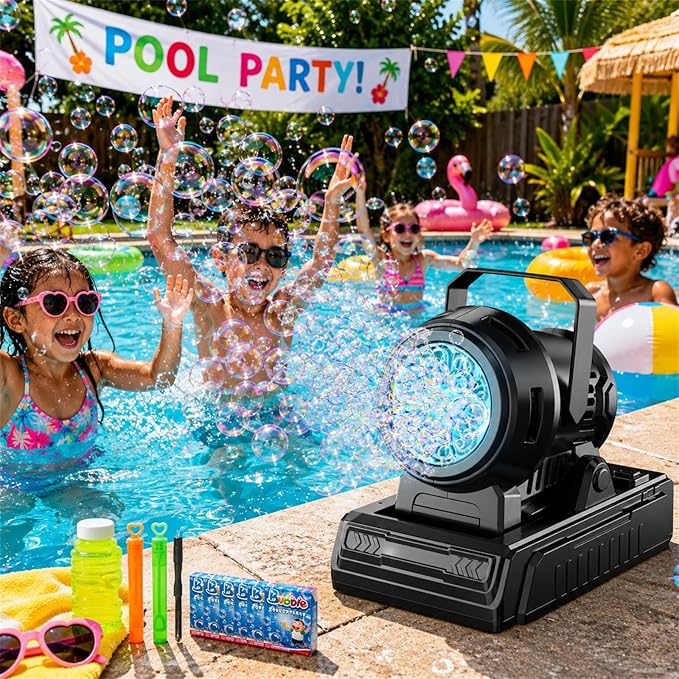 SHCKE Automatic Bubble Machine 10 Holes Bubble Blower,45° Adjustable,Dual Power USB-C or 4 AA Batteries,Top-Fill Portable Bubble Maker for Outdoor Birthday Party Pool Wedding Camping
