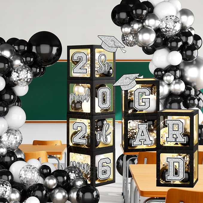 Graduation Decorations Class of 2026,Black and Silver Graduation Decorations 2026,Grad Boxes with Letters 2026 So Proud of You & Grad 2026 for College Graduation Party Supplies