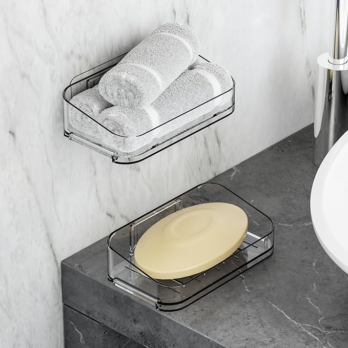 SUOXING Adhesive Bar Soap Holder for Shower Wall,Clear Plastic Soap Savers for Bar Soap,Hanging Soap Rack and Soap Dish Tray for Bathroom with Command,Drill-Free,Pack of 2