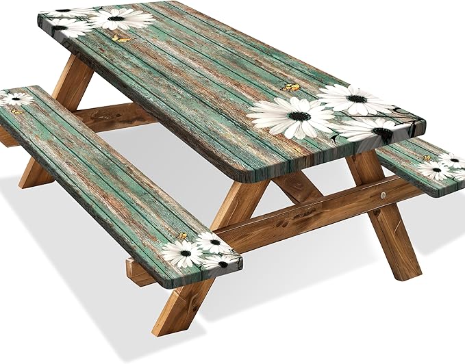 Daisy Flowers Picnic Table Cover with Bench Covers Camping Essentials Wooden Grain Outdoor Table Covers with Elastic Waterproof Fitted Tablecloth for RV Picnic Travel