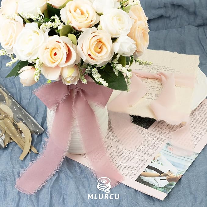 Pink Chiffon Ribbon 1.5 Inch x 21Yds Handmade Fringe Chiffon Silk Ribbon Dusty Rose/Blush/Pink Frayed Chiffon Ribbon for Wedding Invitation Flower Bouquets Gift Wrapping Bridal Shower Baby Shower
