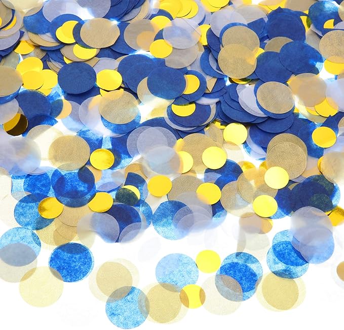 TecUnite Blue Gold Confetti Round Tissue Paper Table Confetti Dots for Wedding Birthday Party Decoration Arts Craft DIY Scrapbooking, 1.76 oz (2.5 cm)