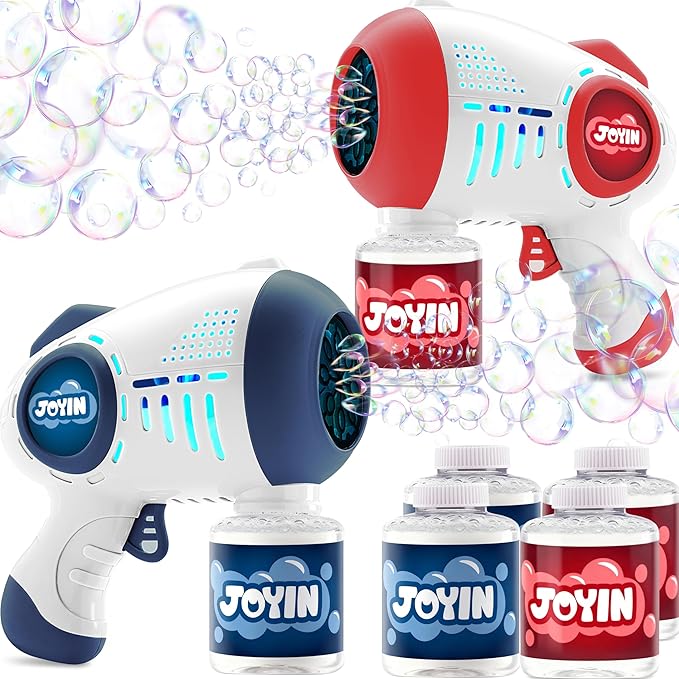 JOYIN 2 Kids Bubble Guns with 4 Bottles Solution, Automatic Bubble Machine Gun with 8 Holes for Kids, Adults, Summer Toys, Easter Basket Stuffers, Birthday Gift, Party Favors-Blue,Red
