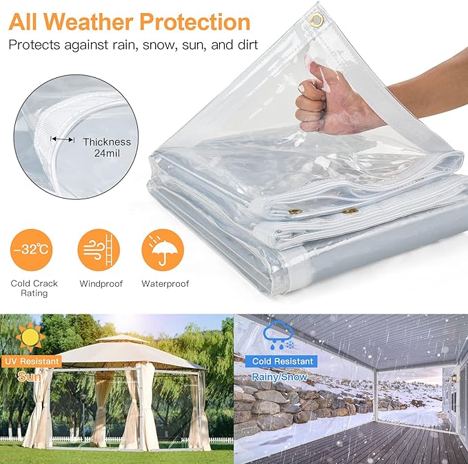 7 x 9FT Outdoor Clear Tarp Curtain Waterproof Wind-Proof 24 Mil Transparent Vinyl Tarp for Patio Pergola Garden Canopy Rainproof Anti-Tear PVC Thick Cover with Grommets