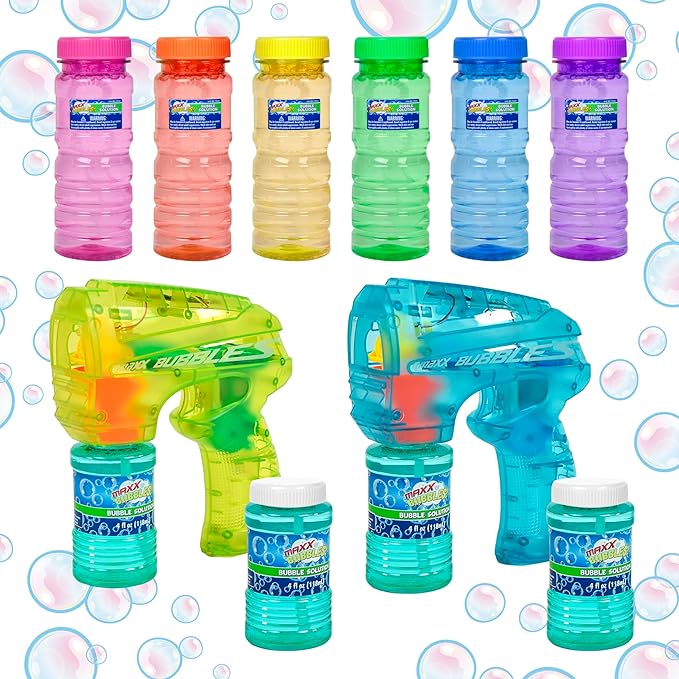 Bubble Blaster LED Light Up Combo 2 Pack with 8 Bubble Solution Refills (1 Liter), Bubble Blowing Toy Set for Kid Boy Girl, Outdoor Summer Game Party Favor