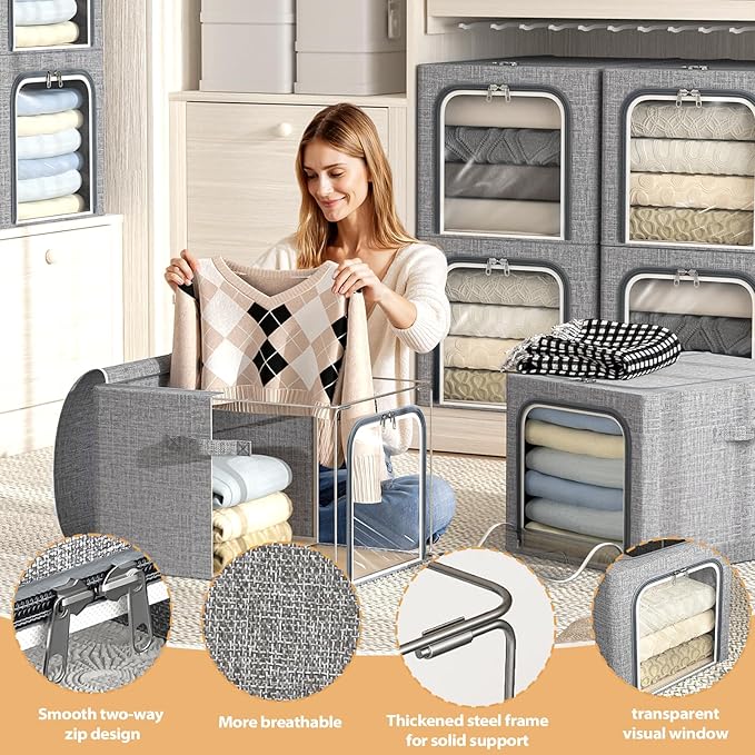 8 Pack Clothes Storage Bins with Metal Frame Foldable Clothing Storage Bins with Lids 49L Stackable Storage Box for Closet Fabric Organizer with Clear Window for Sweaters T-Shirts Bedding,Light Grey