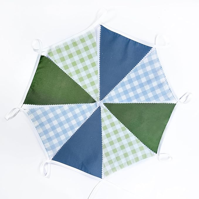 32Ft Blue Green Party Decorations Dusty Blue Sage Green Gingham Fabric Triangle Banner Flag Plaid Pennant Garland Streamers for Hole in One Birthday Baby Shower Masters Golf Graduation Decor Supplies