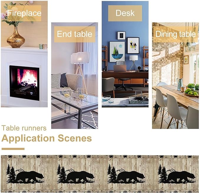 Bear Table Runner, Wild Animals Rustic Cabin Forest Bear Print Wooden Board Table Runner for Dining Kitchen Home 13x60in