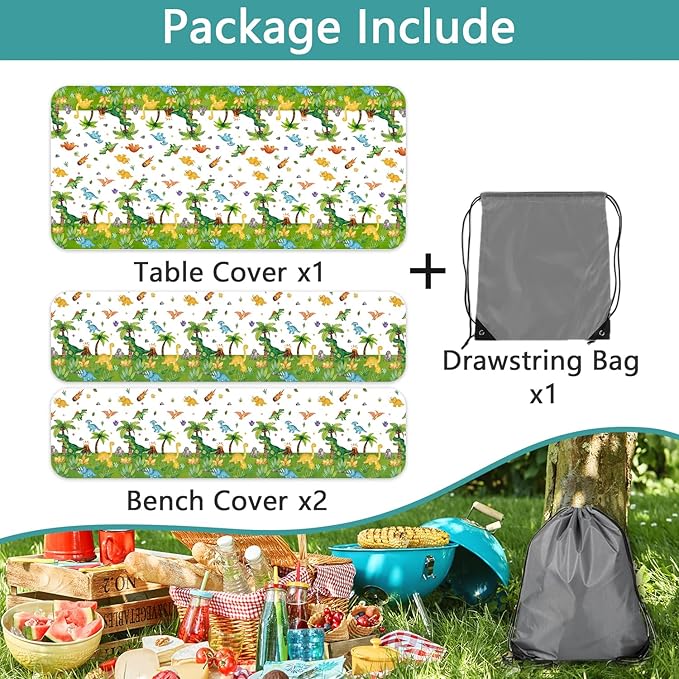 Dinosaur Picnic Table Covers with Bench Covers, Jungle Dino Print Tablecloth, Outdoor Table Cover Set, Patio Camping Picnic Table Protector, 72x30 Inch